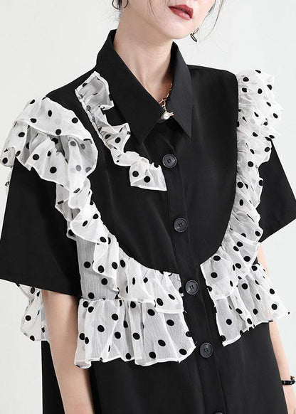 Black Ruffles Patchwork Summer Button Party Dress Short Sleeve