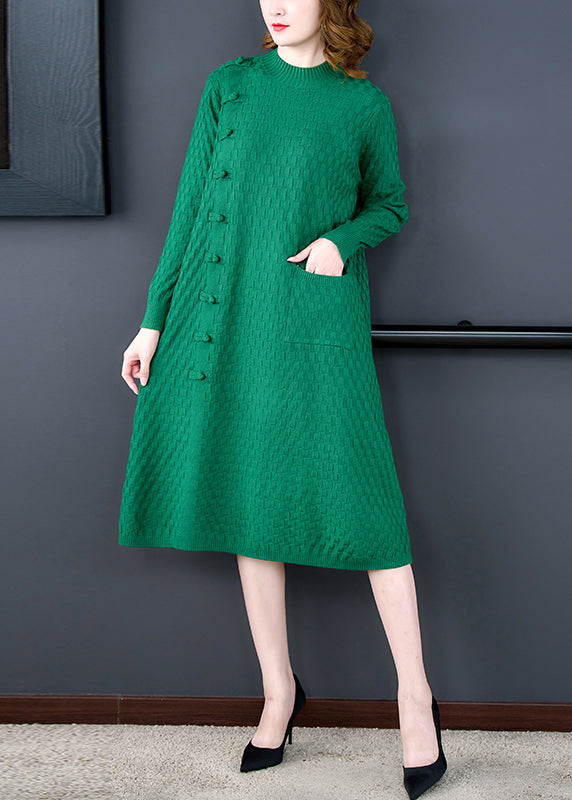 Loose Green Pockets Woolen Sweater Dress Winter