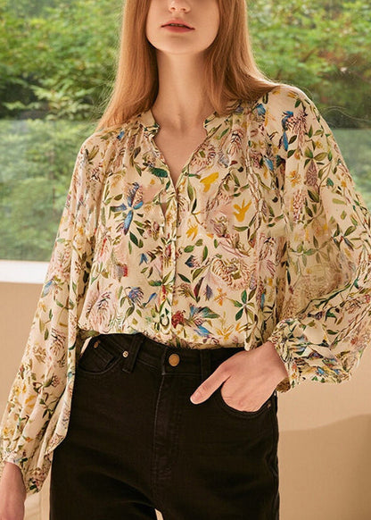 V Neck Print Shirts Lantern Sleeve