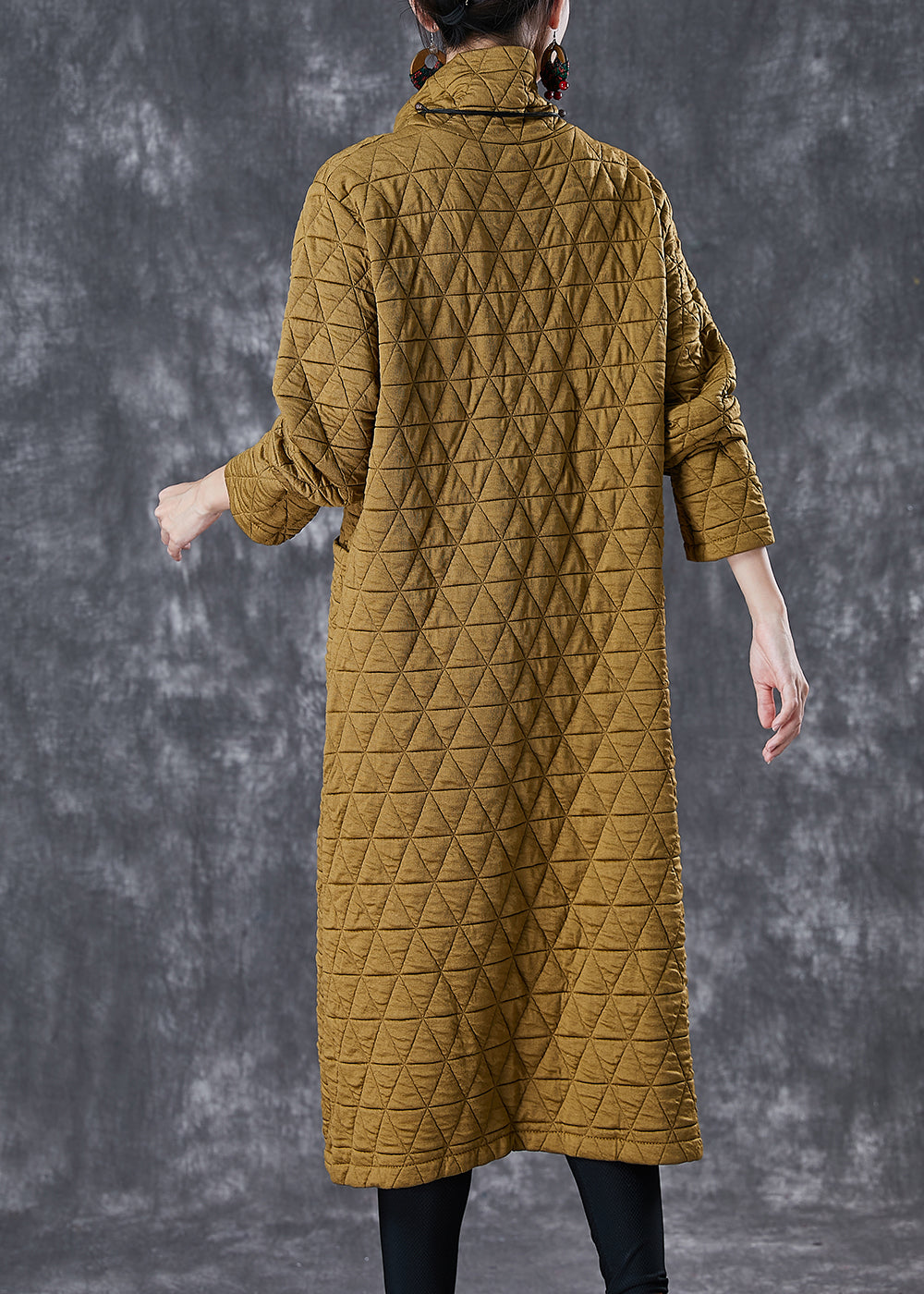 French Yellow Turtle Neck Fine Cotton Filled a Line Dress Winter