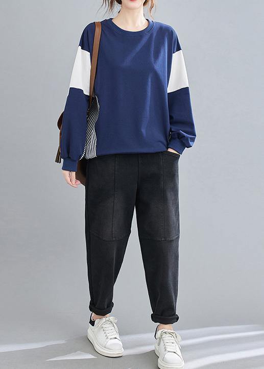 O Neck Patchwork Striped Spring Top Silhouette Sewing Blue Blouses