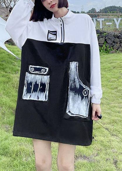 Pockets Print Patchwork Zippered Fall Sweatshirts Top