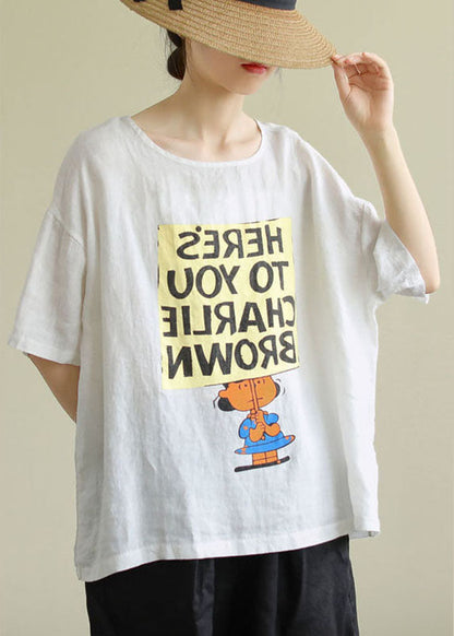 Style White Loose O-neck Print Fall T-shirt Half Sleeve