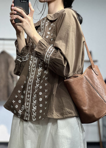 Chocolate Peter Pan Collar Embroideried Wrinkled Cotton Shirt Fall