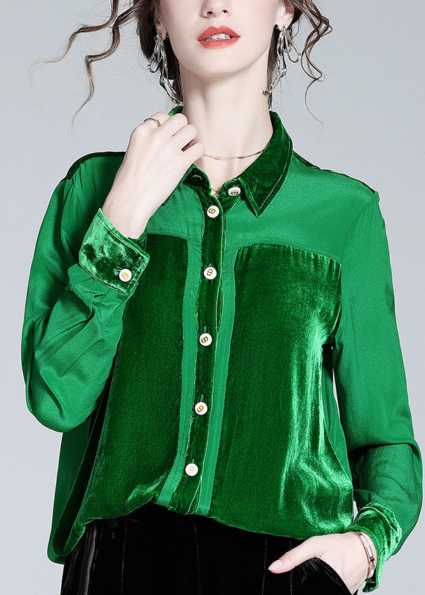 Green Peter Pan Collar Patchwork Button Silk Shirt Long Sleeve