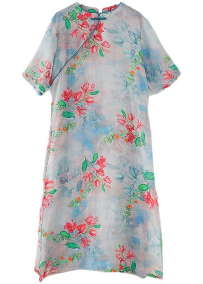 Blue Print Oriental Dresses Summer Ramie