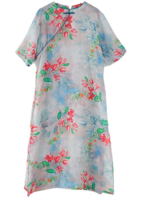 Blue Print Oriental Dresses Summer Ramie