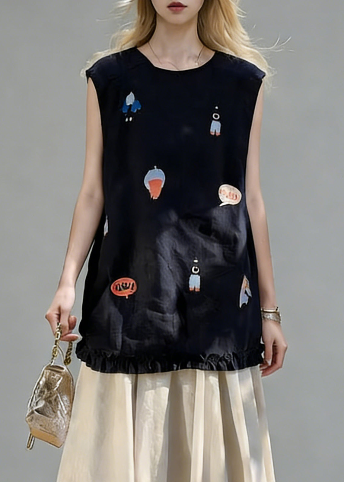 New Navy Print Ruffled Tops and Linen Skirts Two Piece Set Summe
