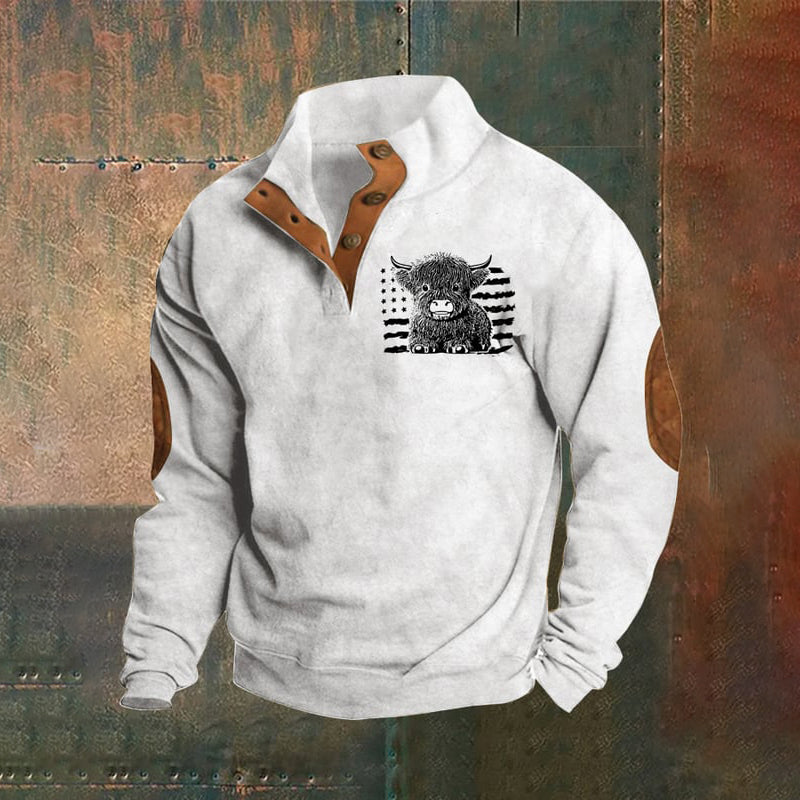 Men's Vintage Highland Cow Print Stand Collar Button-Down Sweatshirt artswardrobe