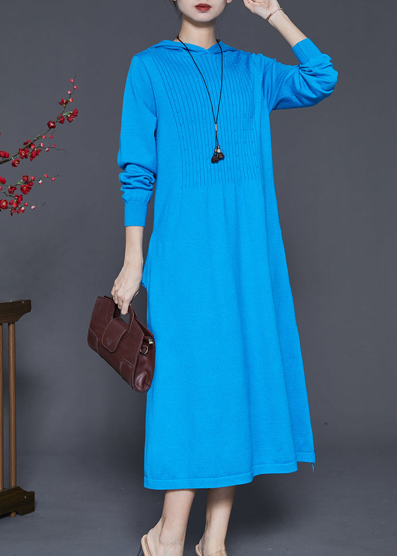 Blue Hooded Silm Fit Knit Long Dress Spring