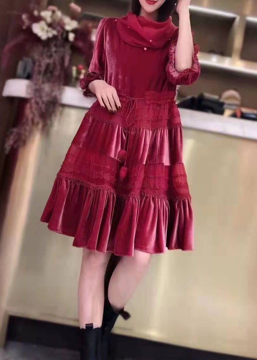 Fitted Red ?cinched Patchwork Velour Party Dress Spring