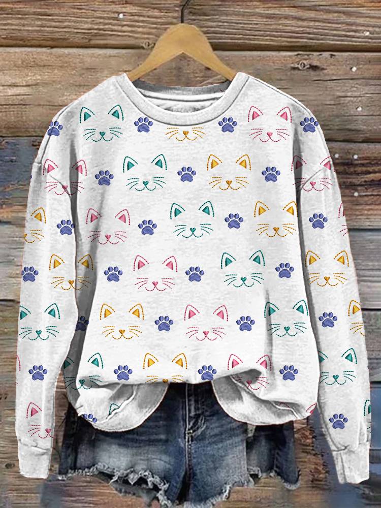 Cute Cat Embroidery Pattern Casual Cotton Sweatshirt elevenforest