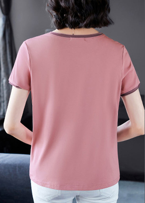 French Pink O-neck Embroideried Patchwork Tanks Short Sleeve