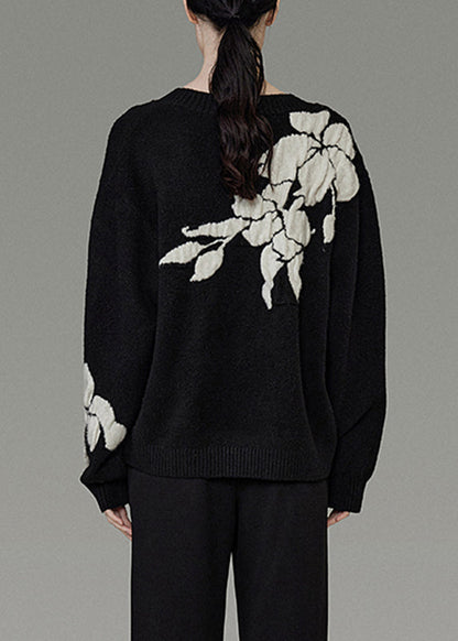 Black V Neck Cozy Cotton Knit Sweater Winter