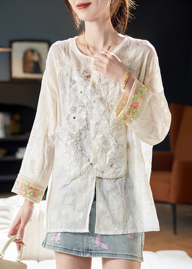 New Beige O-neck Embroidered Sequins Blouses Fall