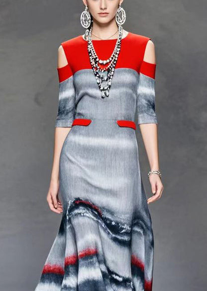 French Grey Cold Shoulder Patchwork Tie Dye Cotton Maxi Dresses Spring
