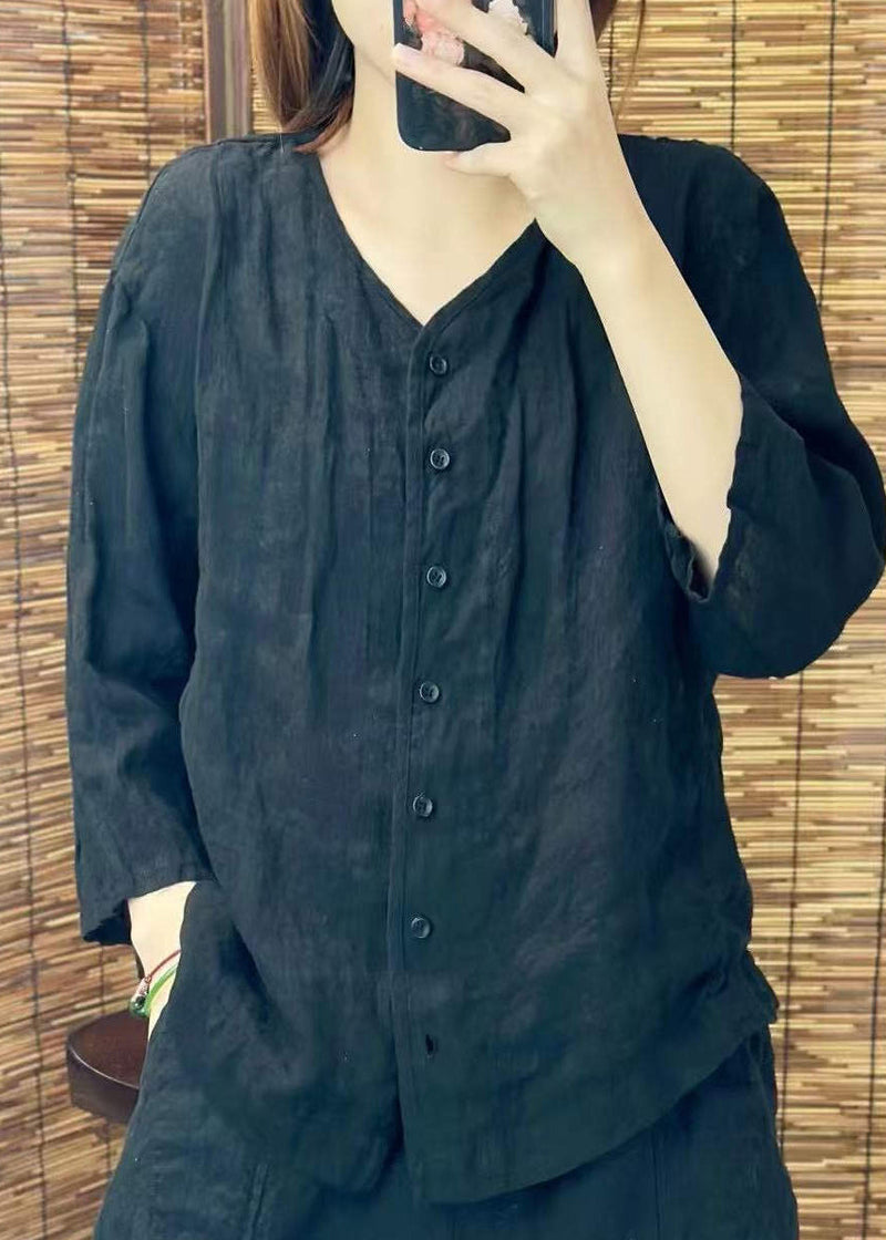 Green O Neck Button Linen Shirt Summer