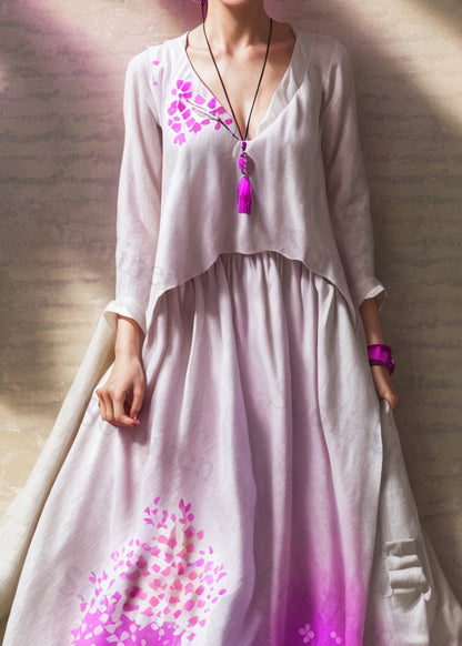 Boutique Gradient Color V Neck Wrinkled Silk Long Dress Summer