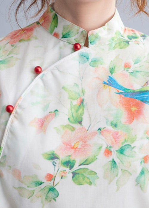 O Neck Half Sleeve Top Sewing Green Bird Print Shirt