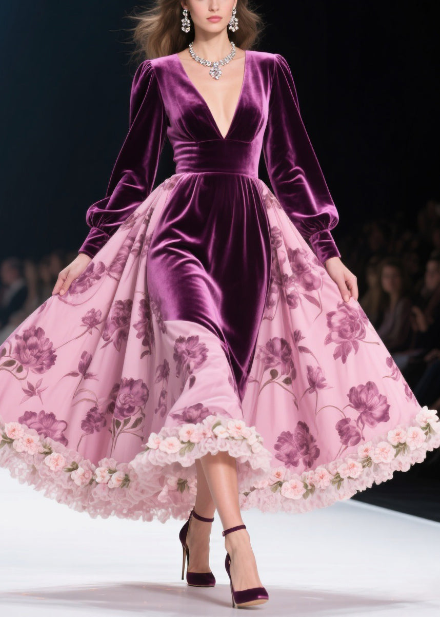 Colorblock Print Lace Silk Velvet Long Dresses Spring