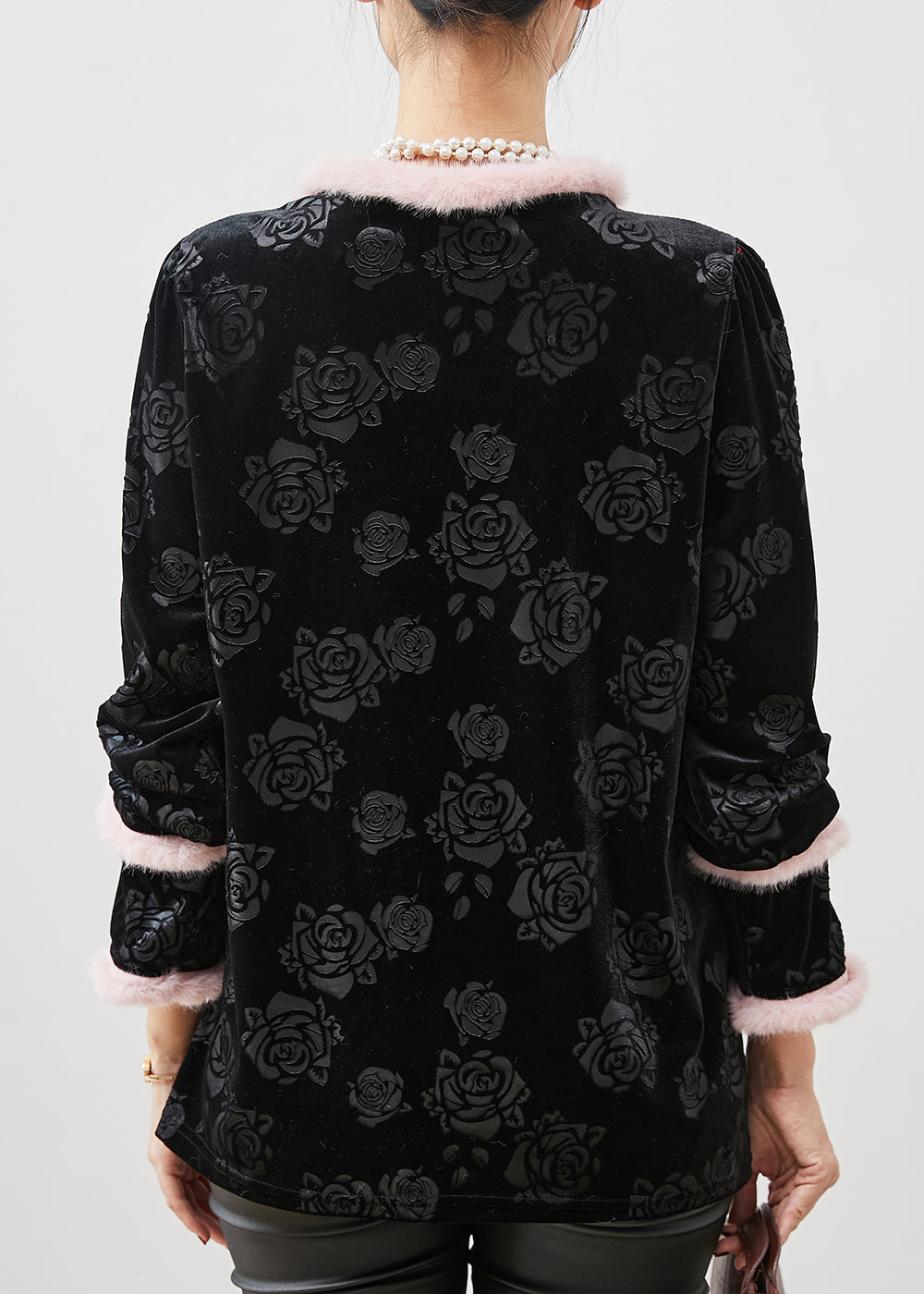 Black Jacquard Patchwork Oriental Silk Velour Shirt Tops Spring