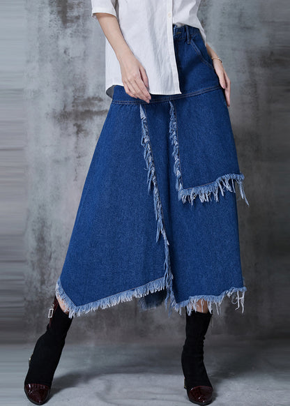 Fine Navy Asymmetrical Patchwork Tasseled Denim Skirts Fall