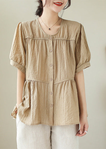 Khaki O-neck Patchwork Wrinkled Cotton Shirt Summer
