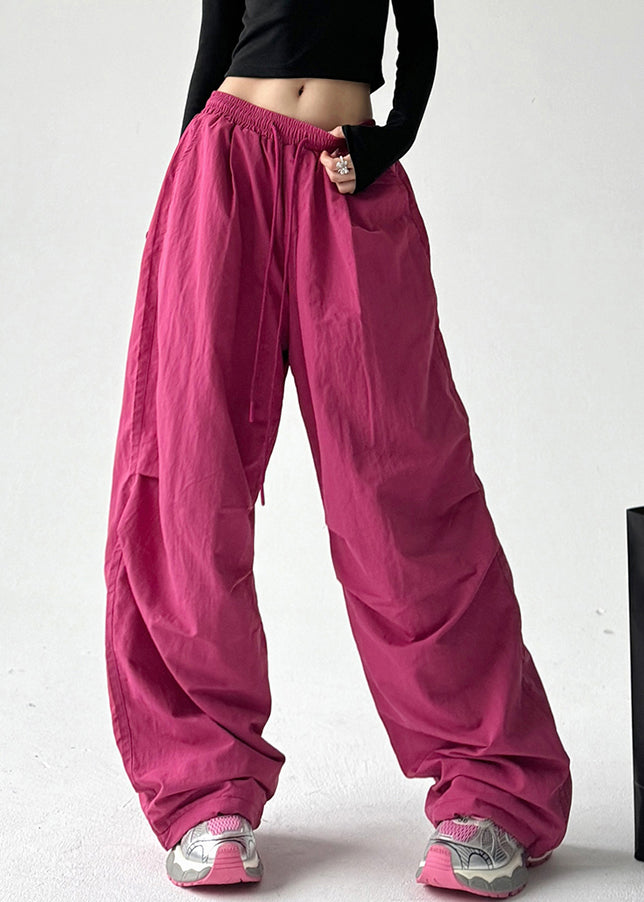 Vogue Red Pockets Tie Waist Warm Fleece Straight Pants Spring