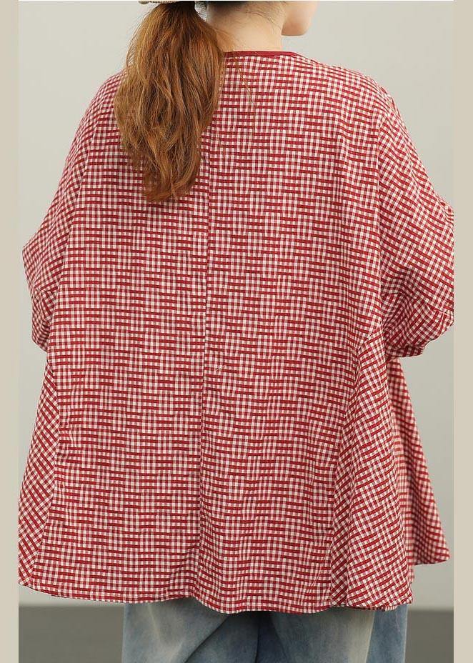 Red Plaid Batwing Sleeve Cotton Summer Blouses