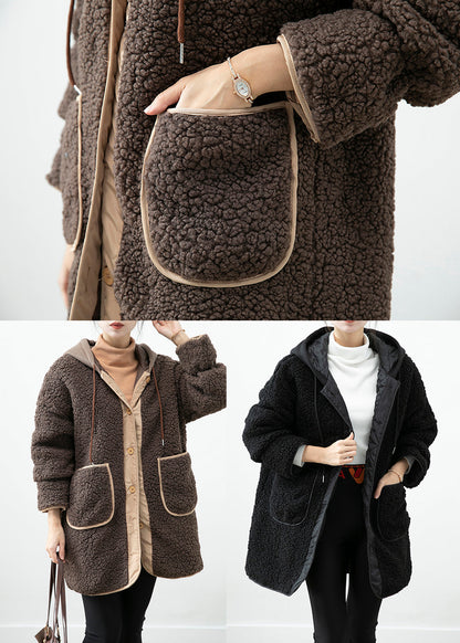 Chocolate Hooded Patchwork Pockets Teddy Faux Fur Coats Winter