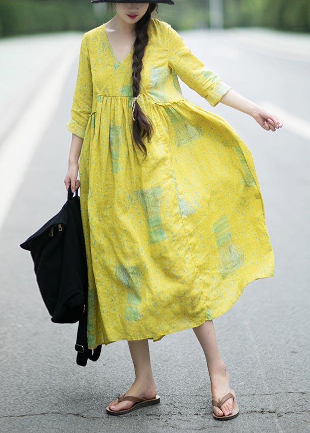 French Yellow Print Clothes V Neck Cinched Maxi Spring Dress