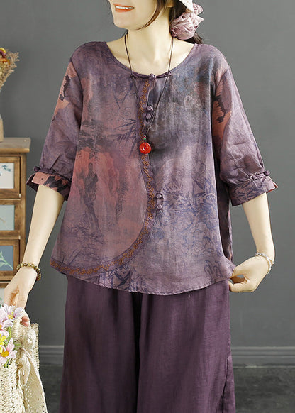 Purple O Neck Print Chinese Button Linen Blouse Tops Half Sleeve
