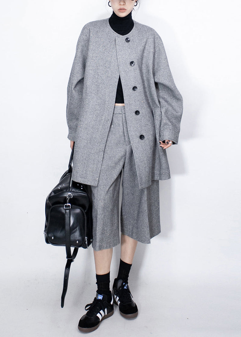 Fine Grey Button Coat and High?waist Crop Pants Woolen Two Pieces Set Fall