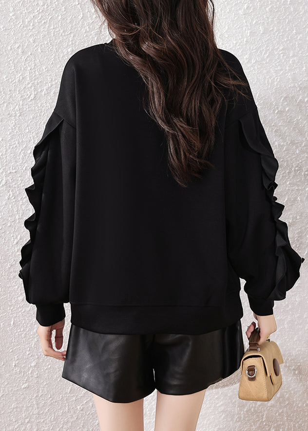 Black Ruffled Embroidered Cotton Pullover Fall
