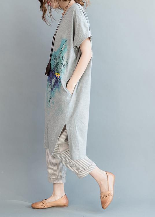 Organic Grey Print Cotton Side Open Summer Vacation Dresses