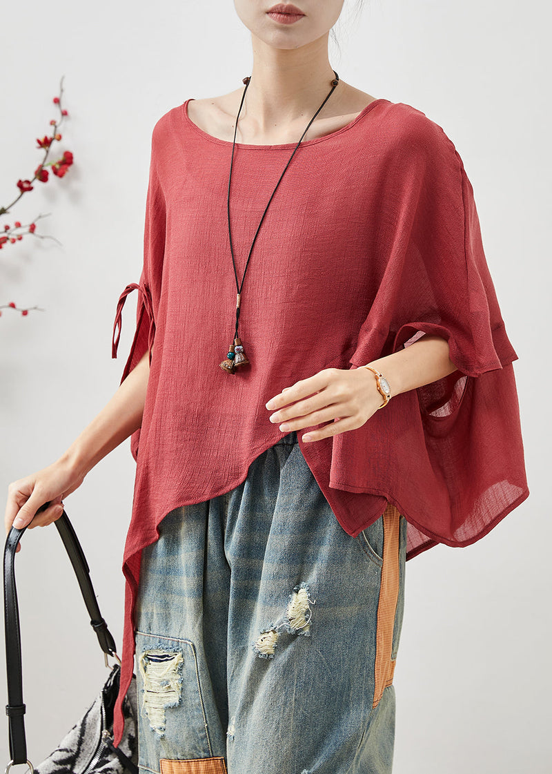 Red Asymmetrical Design Cotton Loose Tops Summer