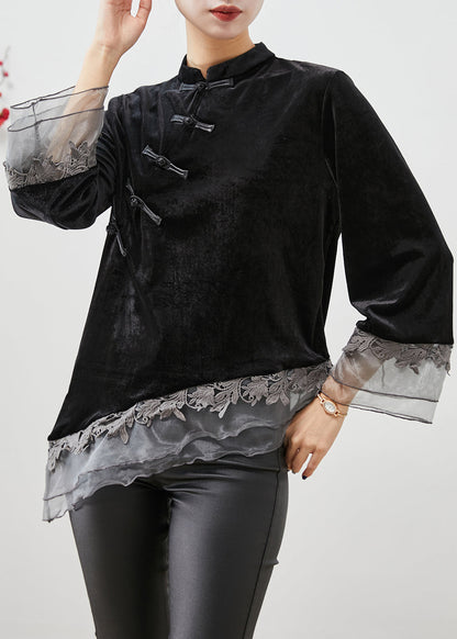 Black Asymmetrical Organza Patchwork Chinese Button Silk Velour Shirt Top Fall
