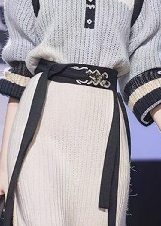 French Grey Tie Waist Cotton Knit Sweaters and Beige a Line Skirts Two Piece Set Long Sleeve