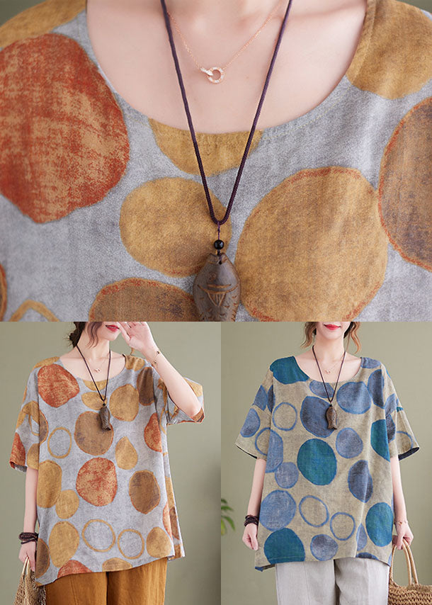 Orange Dot Print Linen Loose Tank Tops O-neck Short Sleeve