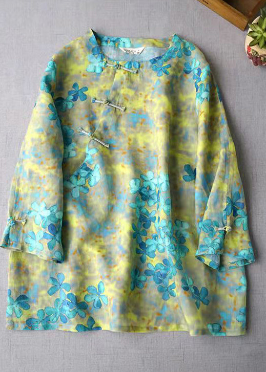 Yellow Linen Shirts Top Button Three Quarter Sleeve