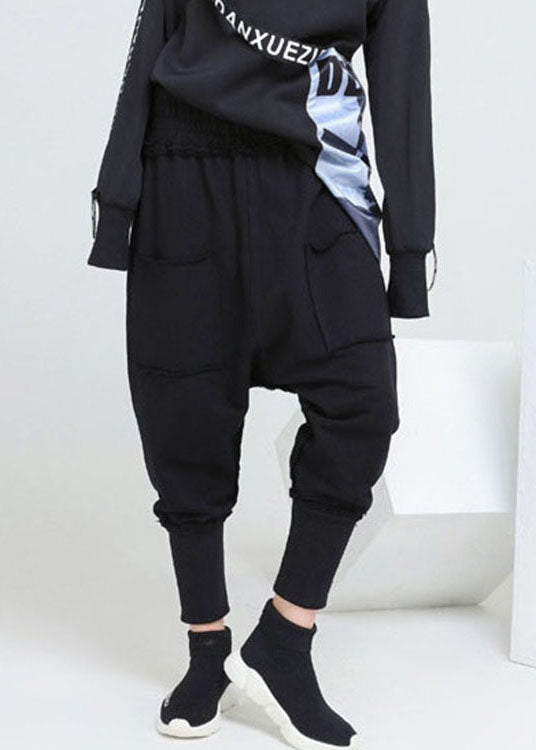 Stylish Black Pockets Cotton Harem Pants Spring