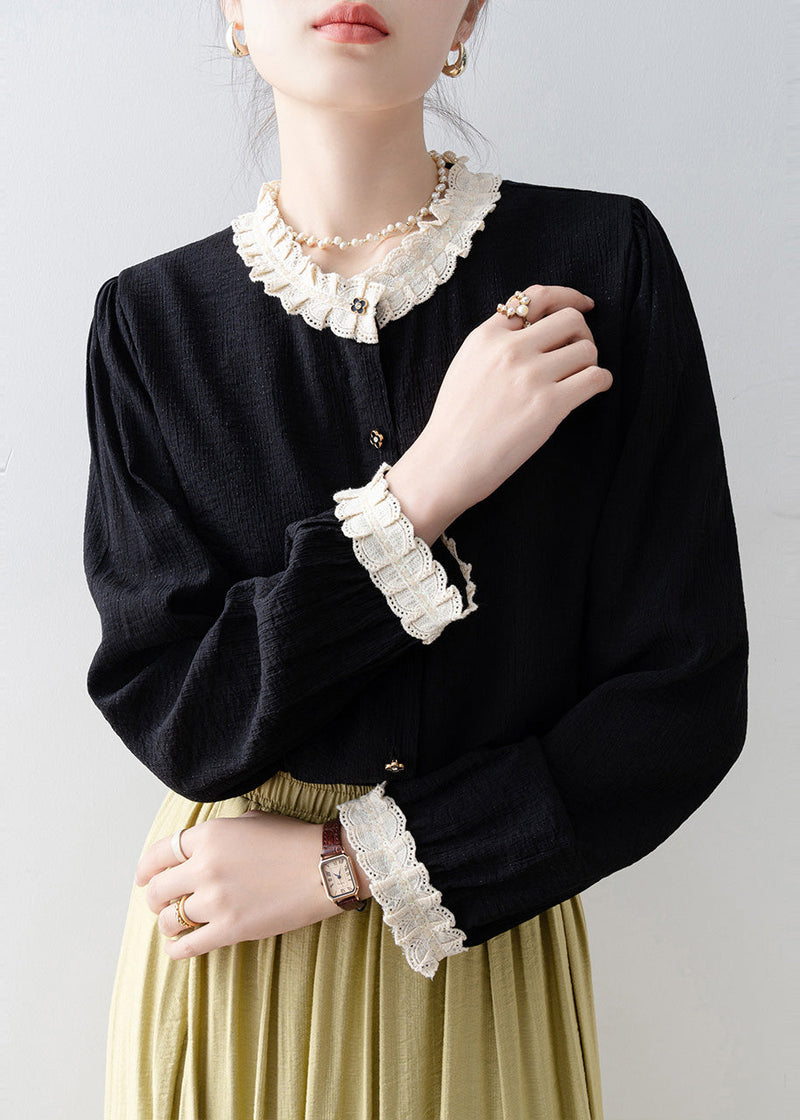 Black Oversized Patchwork Lace Blouses Spring