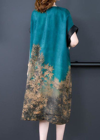 Blue O Neck Print Patchwork Silk Dress Summer