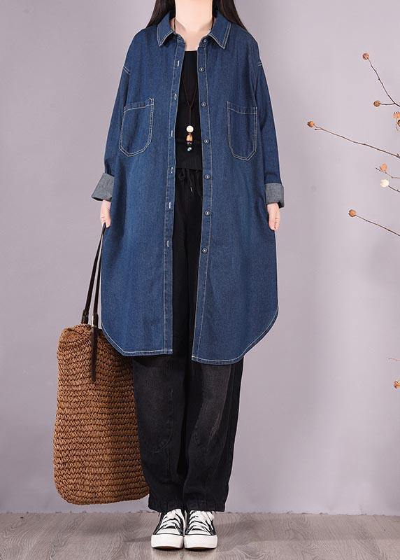 Art Lapel Print Spring Clothes Design Denim Blue Shirts