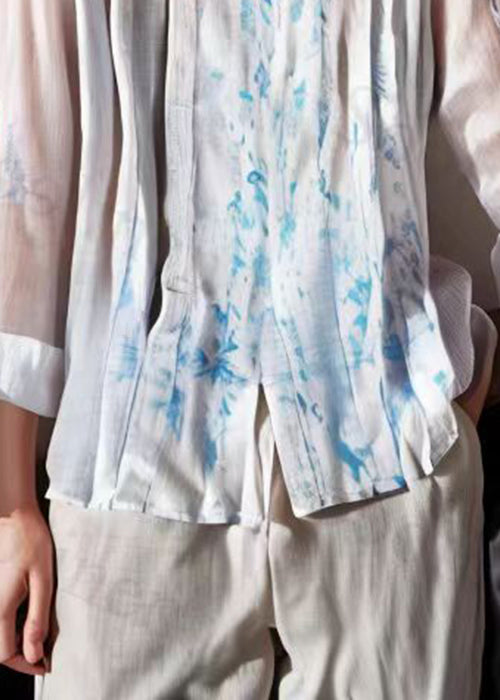 Classy Blue Print Cozy Cotton Blouses Long Sleeve