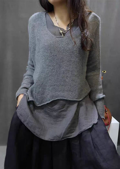 Simple Grey Asymmetrical Patchwork Cotton Knit Tops Long Sleeve Fall