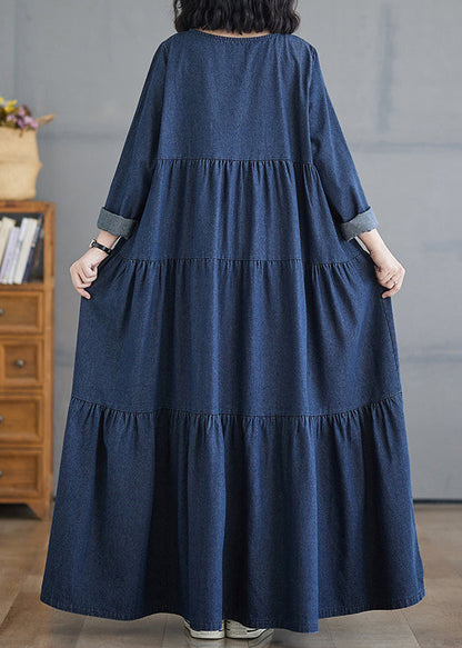 Denim Blue O-neck Wrinkled Patchwork Long Dresses Fall