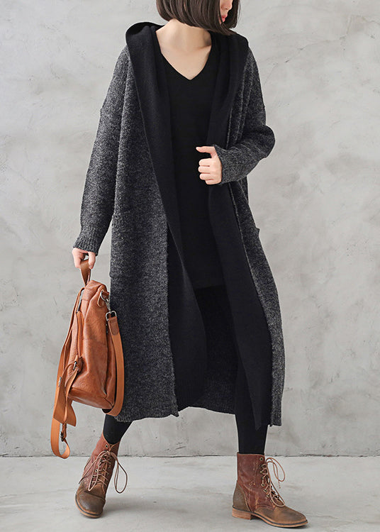Dark Grey Wool Patchwork Knit Hooded Maxi Trench Coats Fall