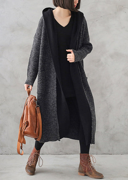 Dark Grey Wool Patchwork Knit Hooded Maxi Trench Coats Fall