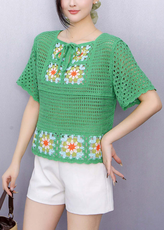 Green Square Collar Tie Lace Knit Top Summer